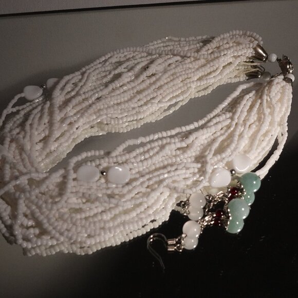 White Multistrand Necklace and Matching Natural Jade Bead Earrings Set - Picture 1 of 12